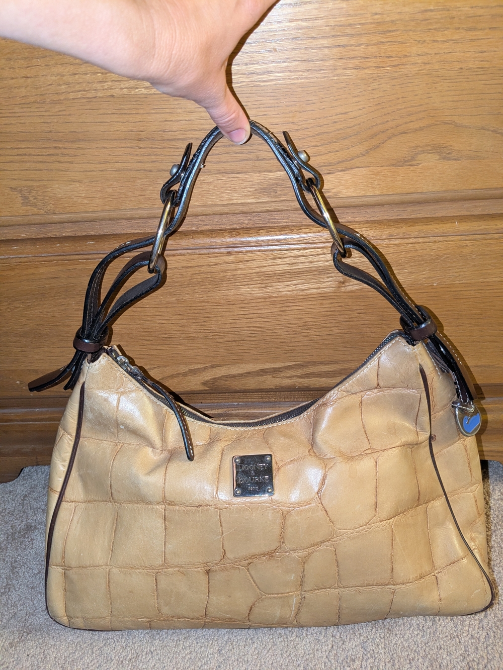 Dooney & Bourke Tan Croc-Embossed Shoulder Bag with Dark Brown Trim